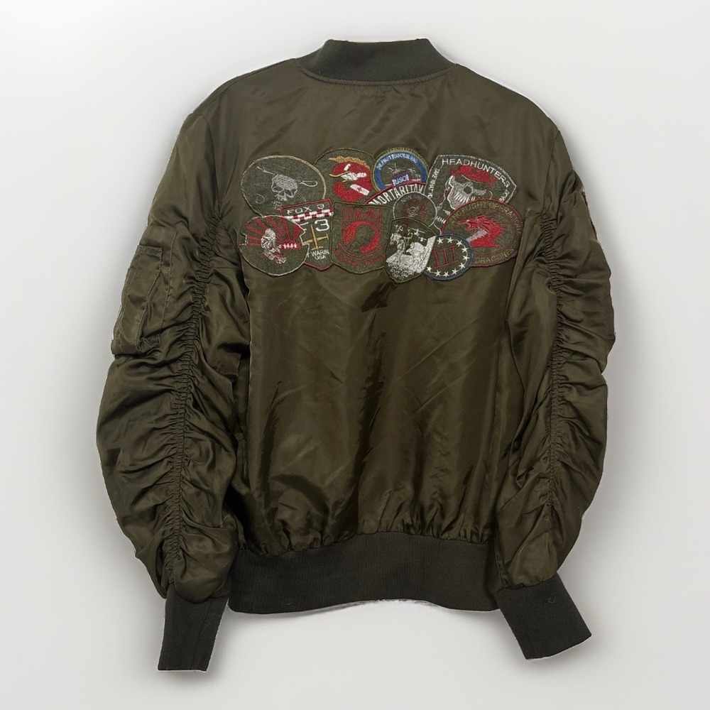 American Stitch Military Bomber Jacket Aviation Patches Ruched Sz M Green Unisex - Picture 2 of 8